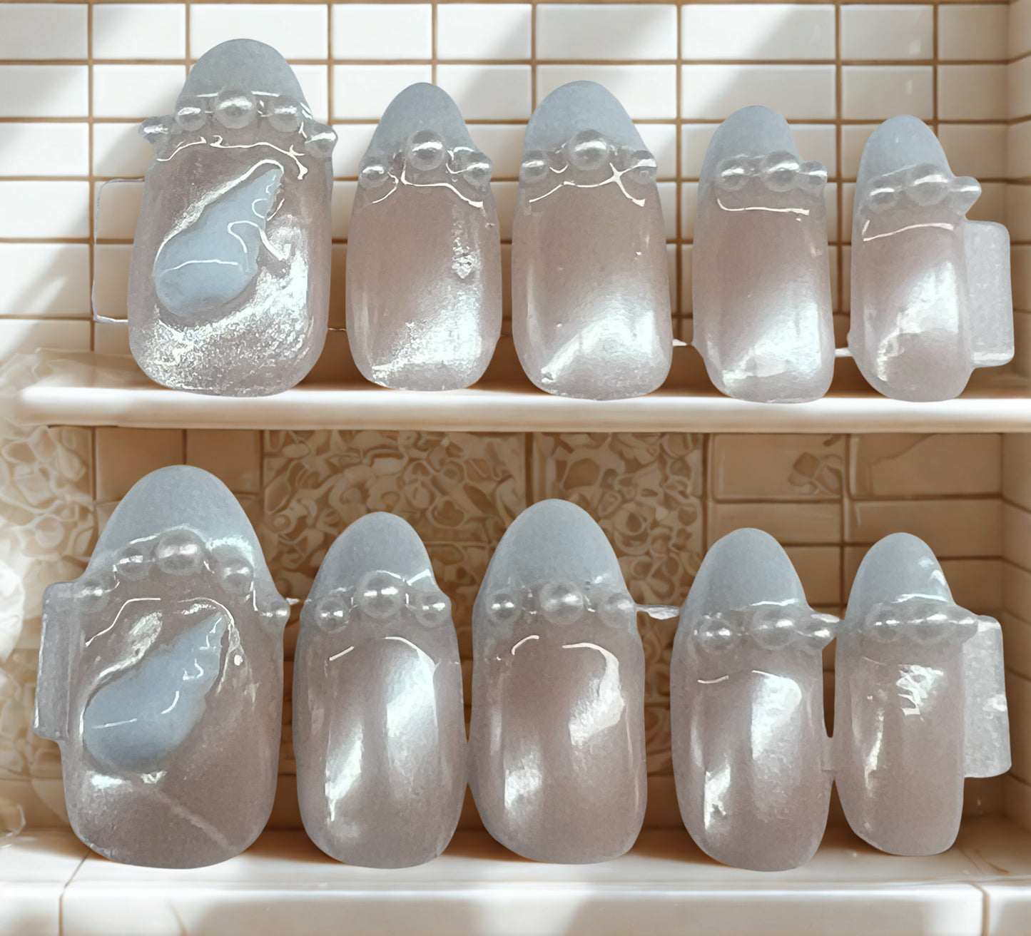 Wedding Blue French Tip Press-On Nails |Mermaid Chrome Pearls | Just Say I Do