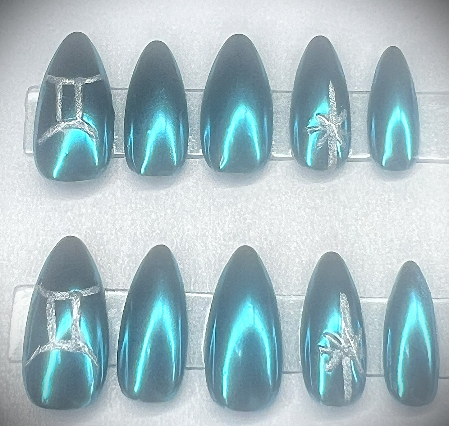 Black Base Blue Mirror Chrome Hand Painted Press-Ons Nails | Celestial Zodiac Sign | Dark Gemini