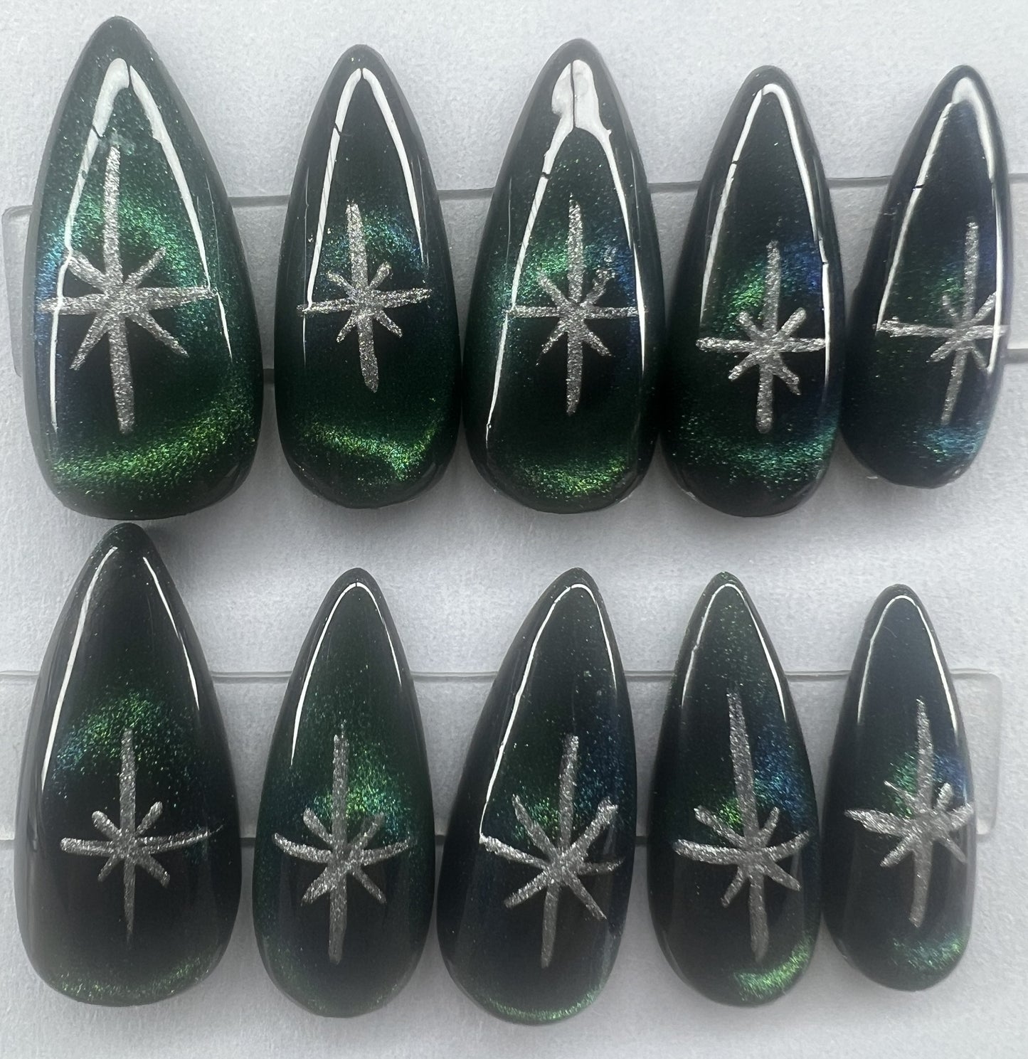 Celestial Galaxy Press-On Nails | Green Blue 9D Cat Eye Silver Star | Hole in Galaxy