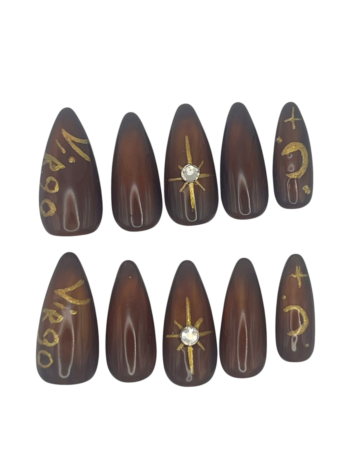 Virgo Zodiac Press On Nails Brown Cat Eye Jelly False Nails, Gold Celestial Star Moon Rhinestone Gel Nails, Custom Earth Sign Fake Nails