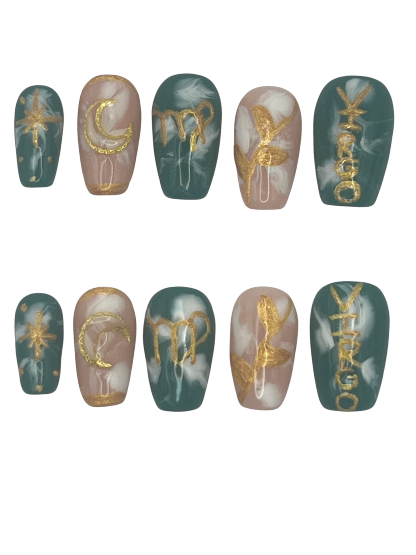 Virgo Zodiac Press On Nails Green Nude Marble Quartz False Nails, Gold Botanical Leaf Moon Astrology Gel Nails, Custom Earth Sign Fake Nails