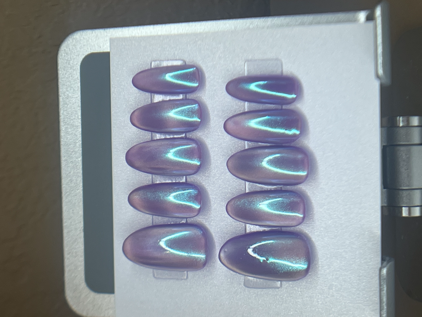Neon Purple Mermaid Chrome Glass Velvet Cat Eye Press-ons Reusable | Purple Moon