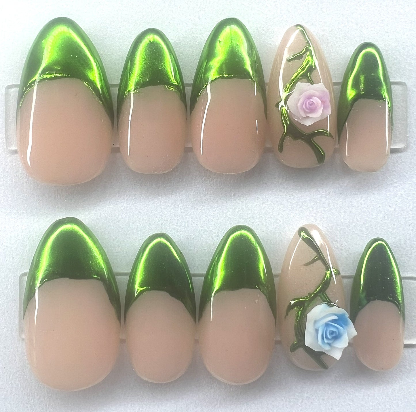 Fairycore Green Chrome French Tip Press-On Nails | Nude Rose Vine Charms | Enchanted Garden