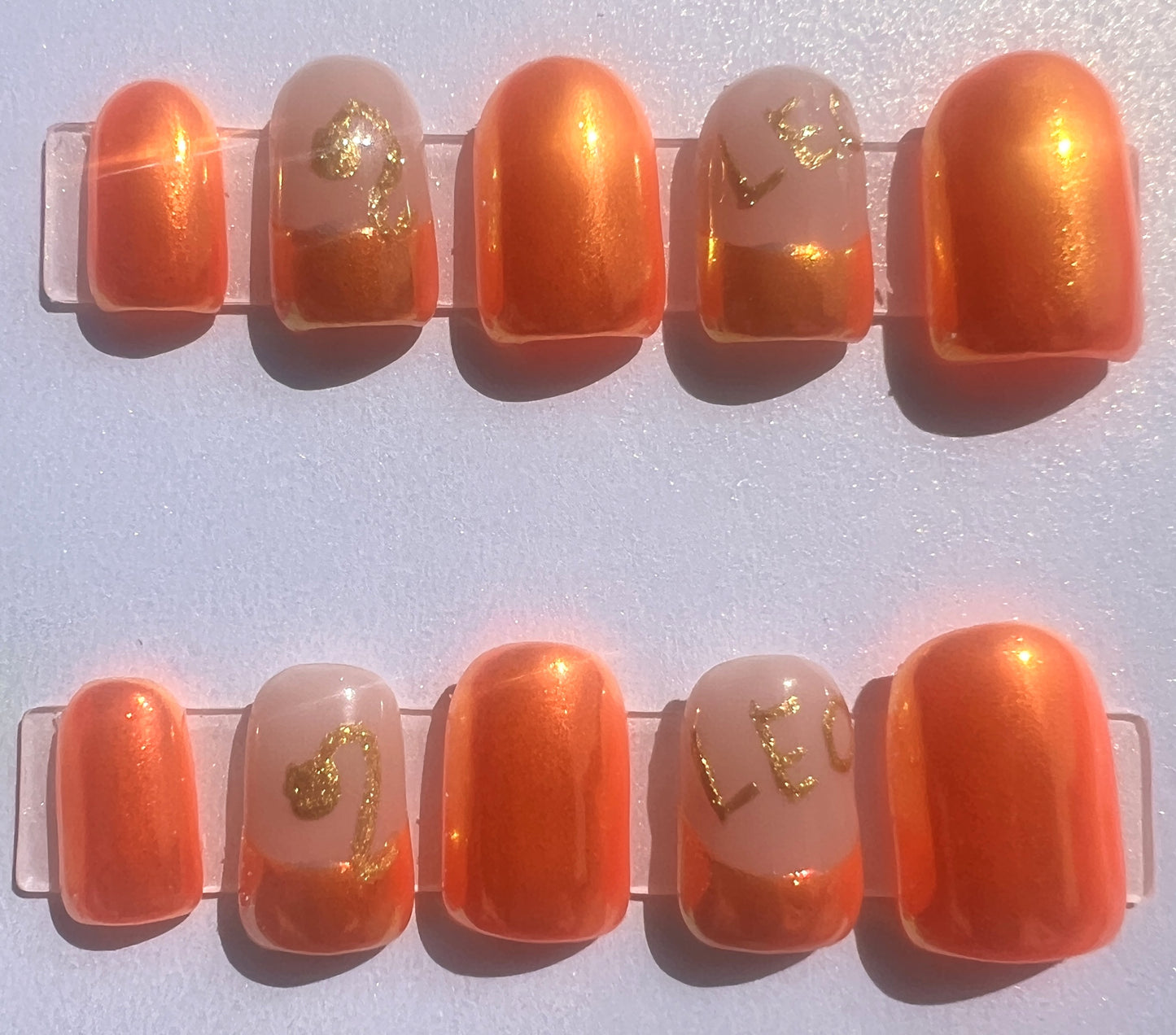 Sunburst Leo Zodiac Press On Nails Orange Yellow Chrome False Nails, Mismatched French Tip Astrology Nails, Custom Birthday Fake Nails