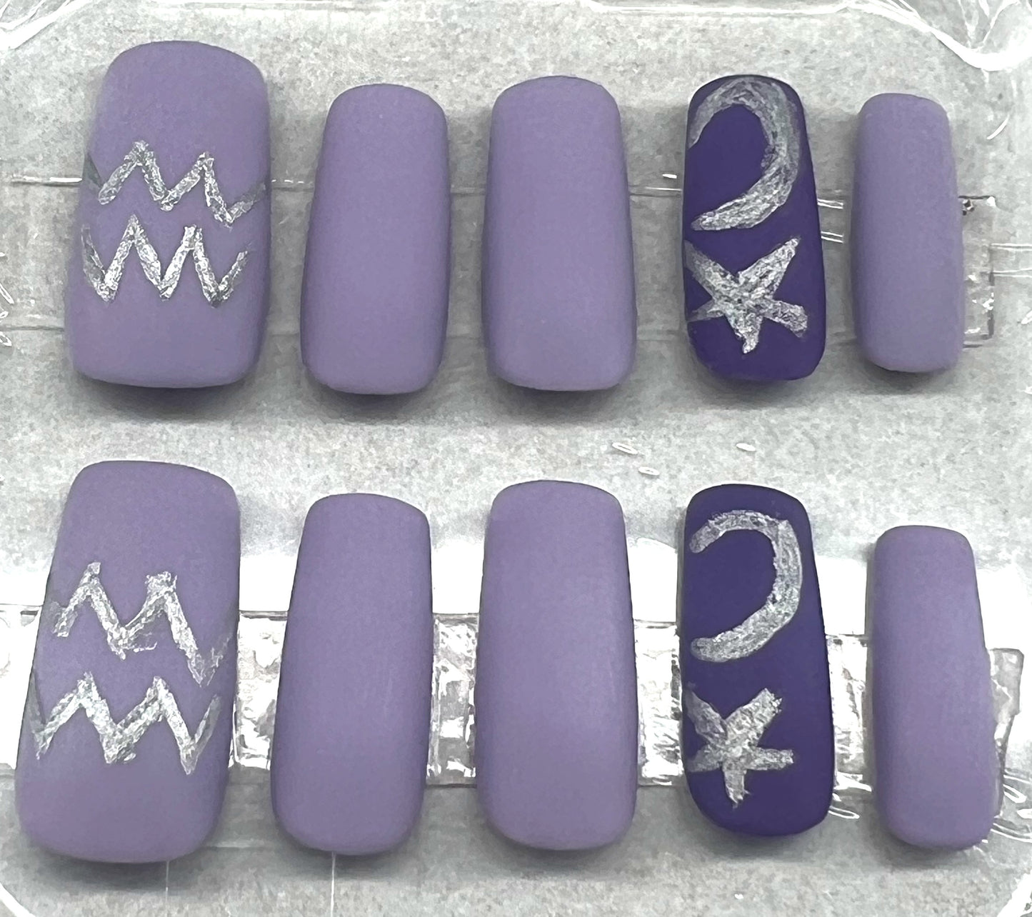 Aquarius at Dusk Nails | Matte Purple Accent Set & Hand-Painted Silver