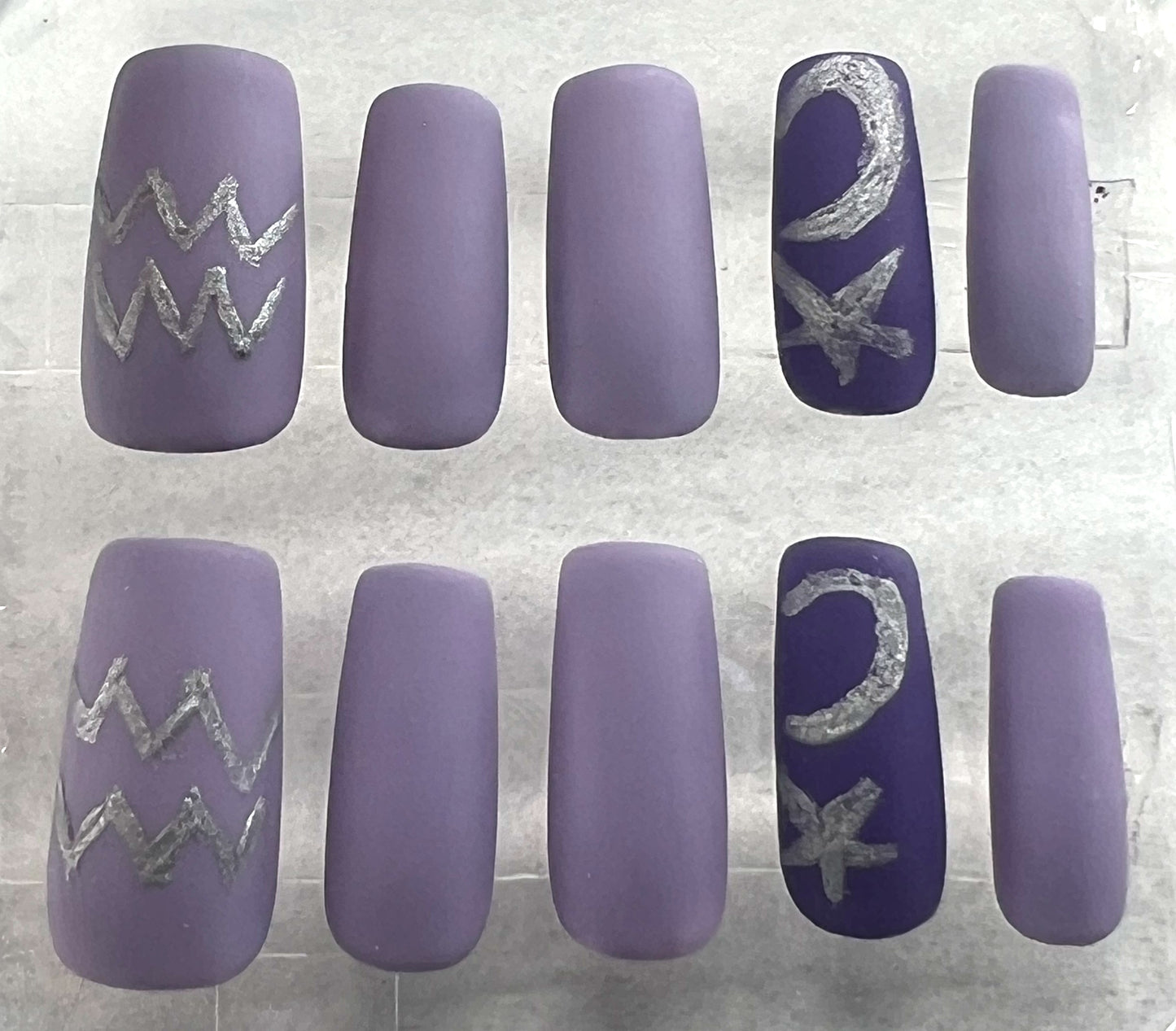 Aquarius at Dusk Nails | Matte Purple Accent Set & Hand-Painted Silver