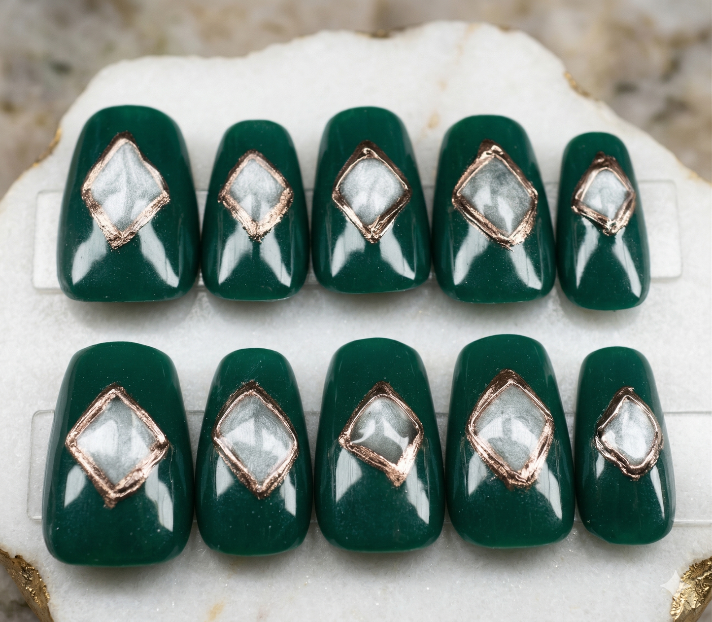 Deep Emerald Green Press-On Nails | Copper Chrome Diamond | Velvet Glass Cat Eye | Astral Prism