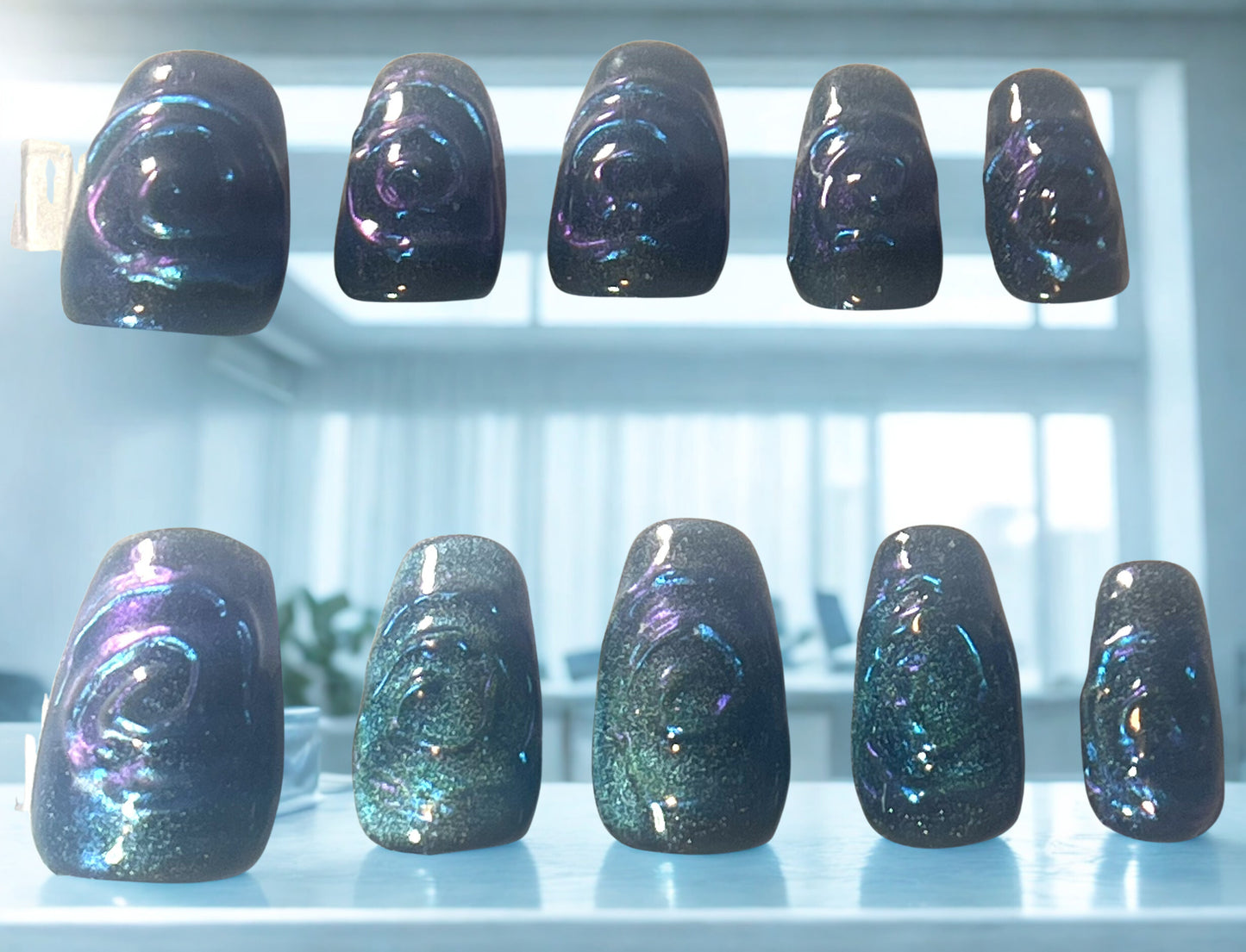 Teal Velvet Press-On Nails | 3D Chrome Swirl Cat Eye