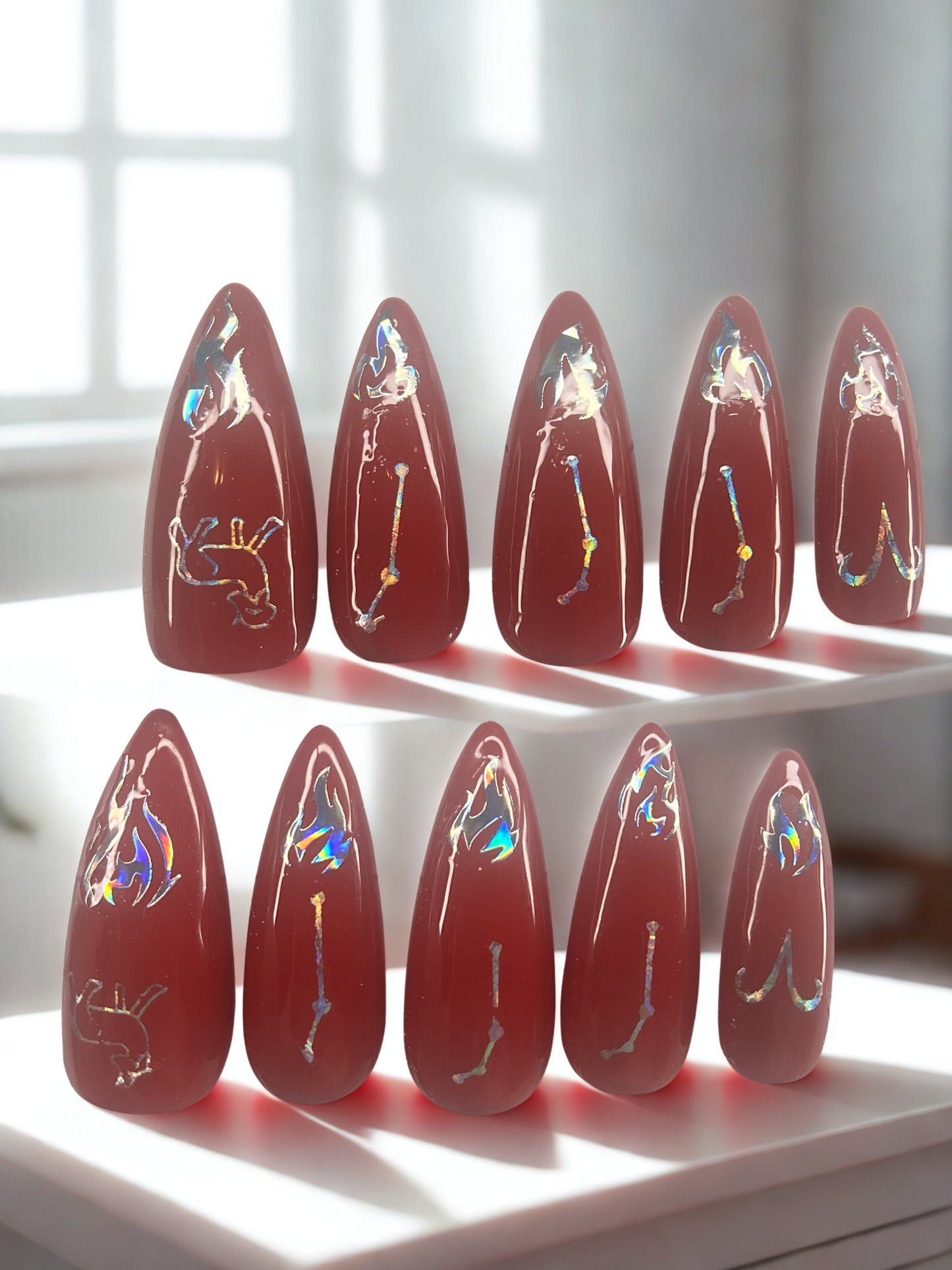 Deep Red Zodiac Press-On Nails | Holographic Stickers Astrology Celestial | Crimson Aries