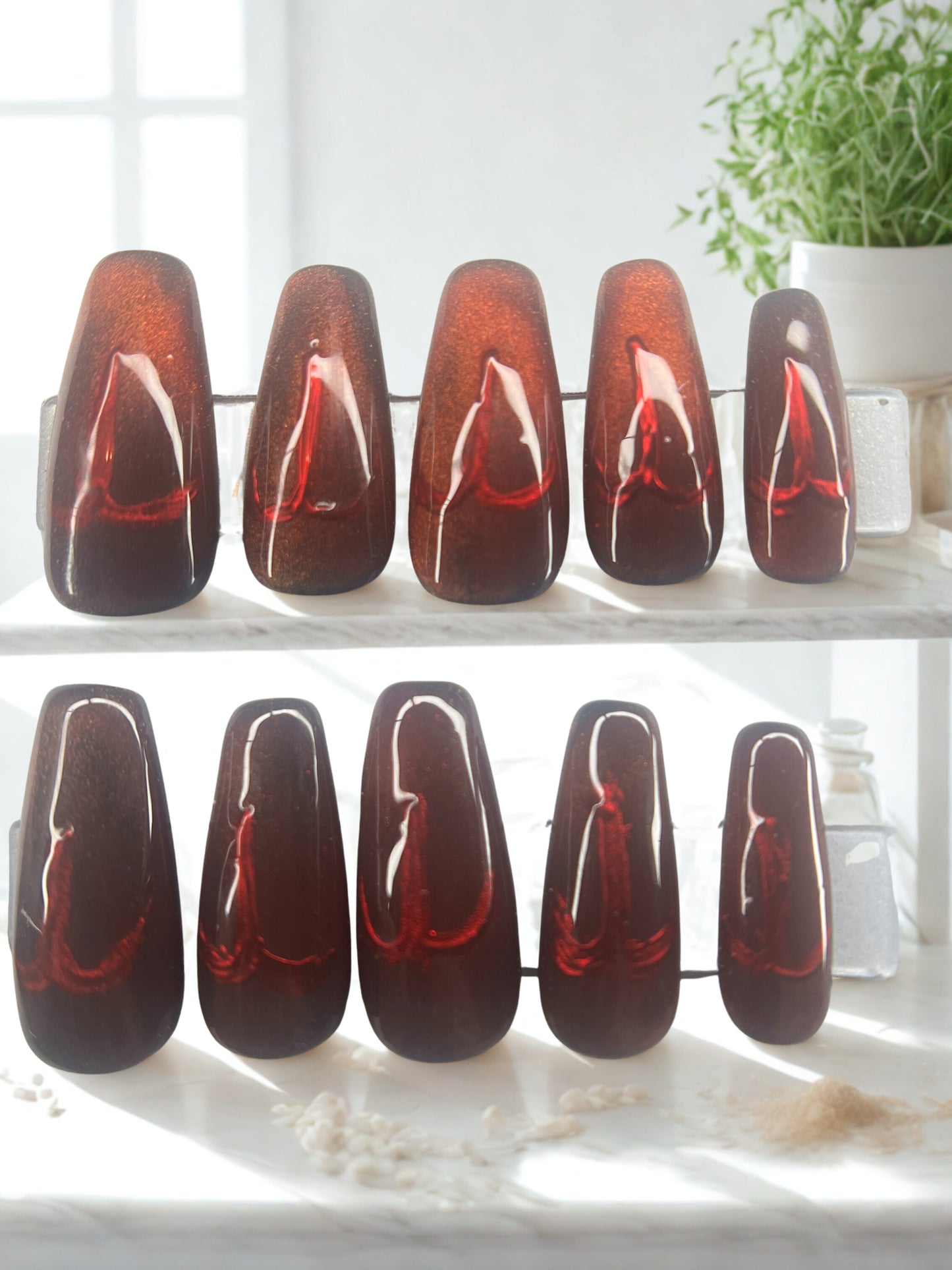 Red Gold Velvet Cat Eye Press-On Nails | Hand Painted Zodiac Symbol |Burning Aries
