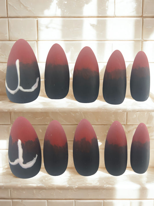 Half Black Crimson Red Press-On Nails | Matte Zodiac Set | Two Sides of Aries
