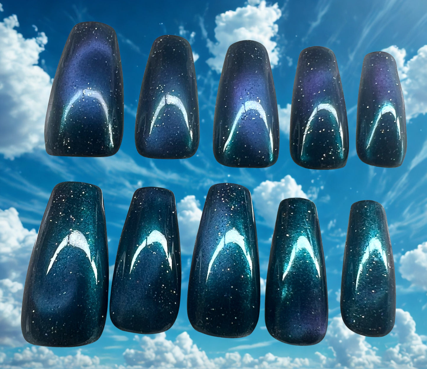 Night Sky Nails | 9D Teal Cat-Eye & Holographic Galaxy