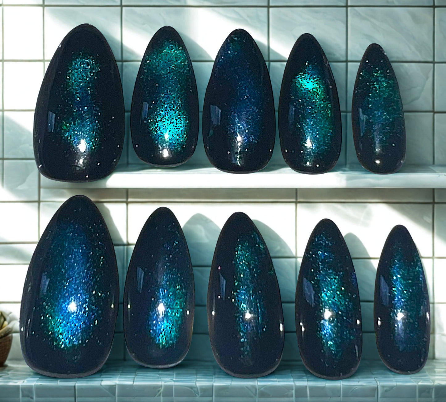 Cosmic Bloom Nails | Teal Velvet Cat-Eye & Black Blooming Aura