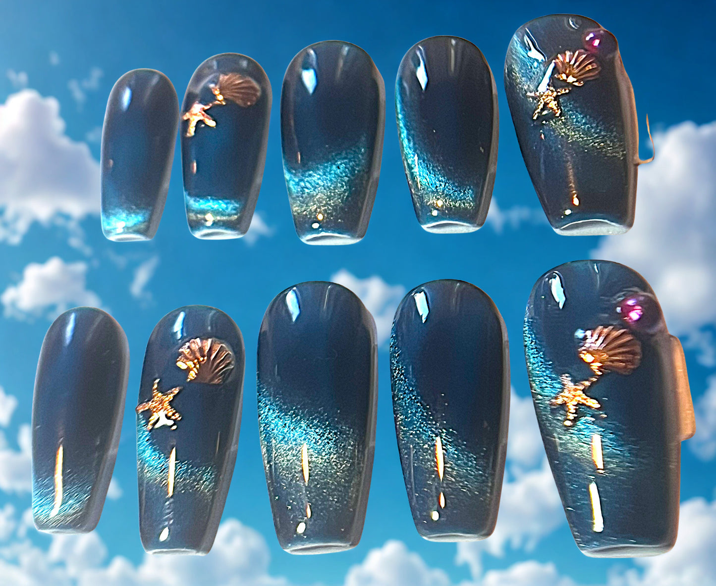 Pisces Tide Press-On Nails | Blue Holo Cat Eye & Sea Charms
