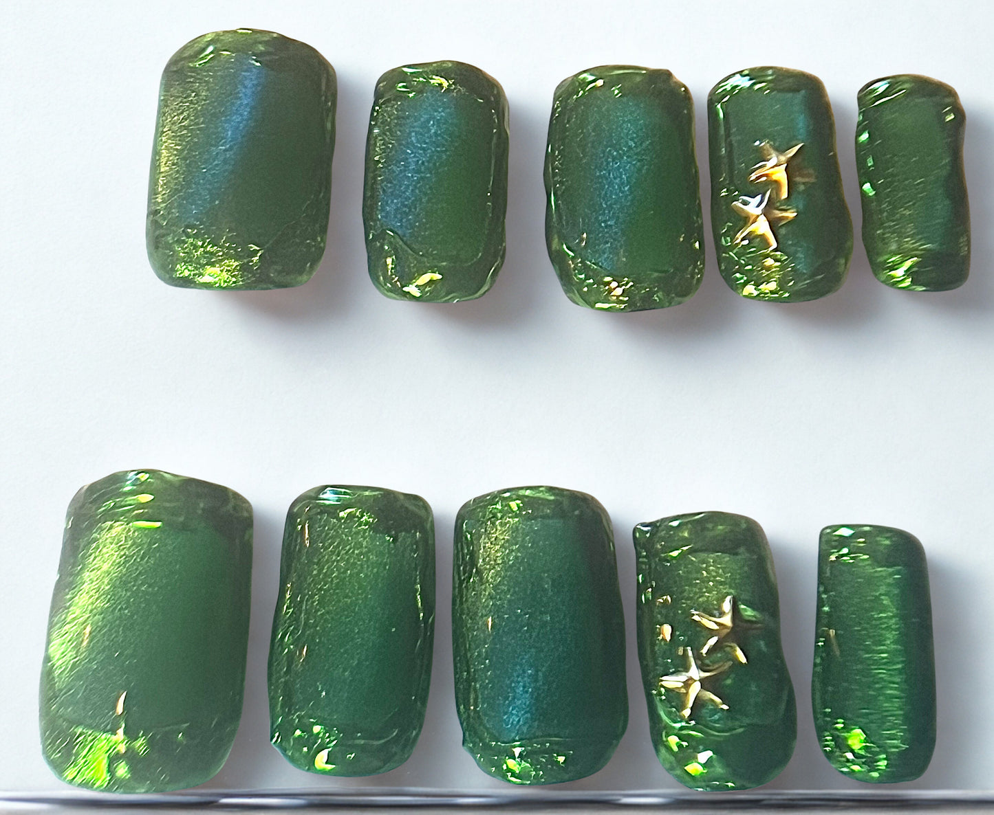 Emerald Abyss Press-On Nails | Green Jelly Cat Eye & Gold Chrome