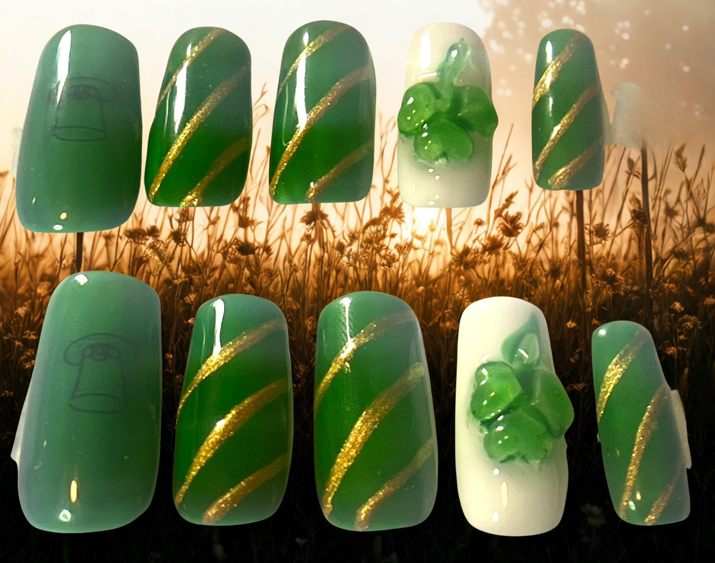 St. Patrick's Day Press-On Nails | Emerald Jelly & 3D Gold Shamrock