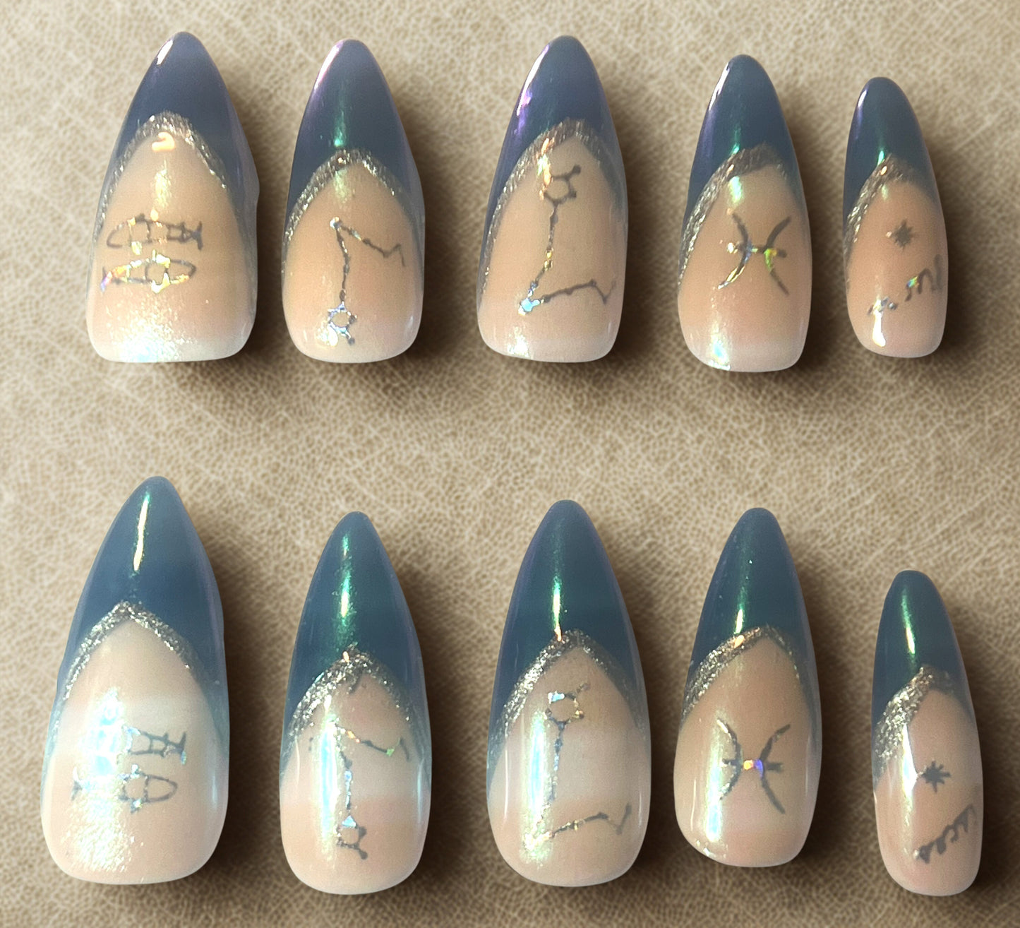 Pisces Zodiac Press-On Nails | All-Over Mermaid Chrome & Blue French