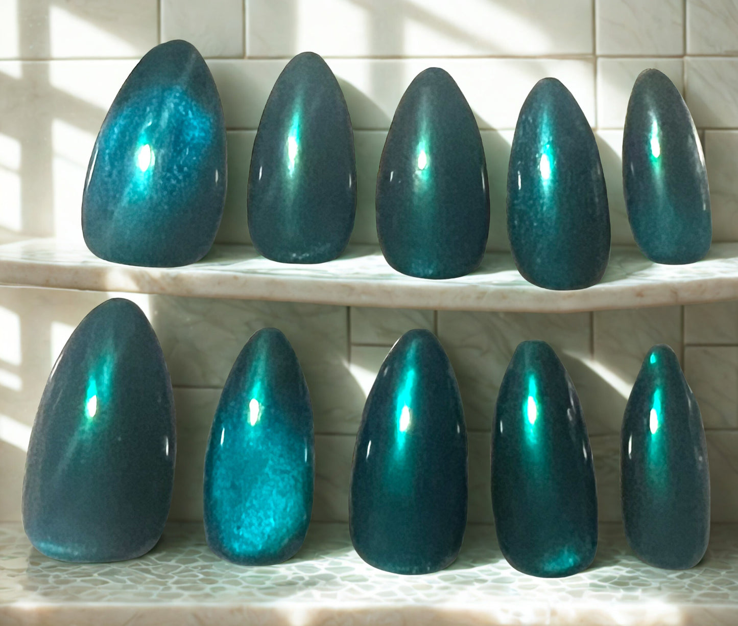 Celestial Emerald Nails | Triple-Layered Mermaid Chrome & Glass Cat-Eye