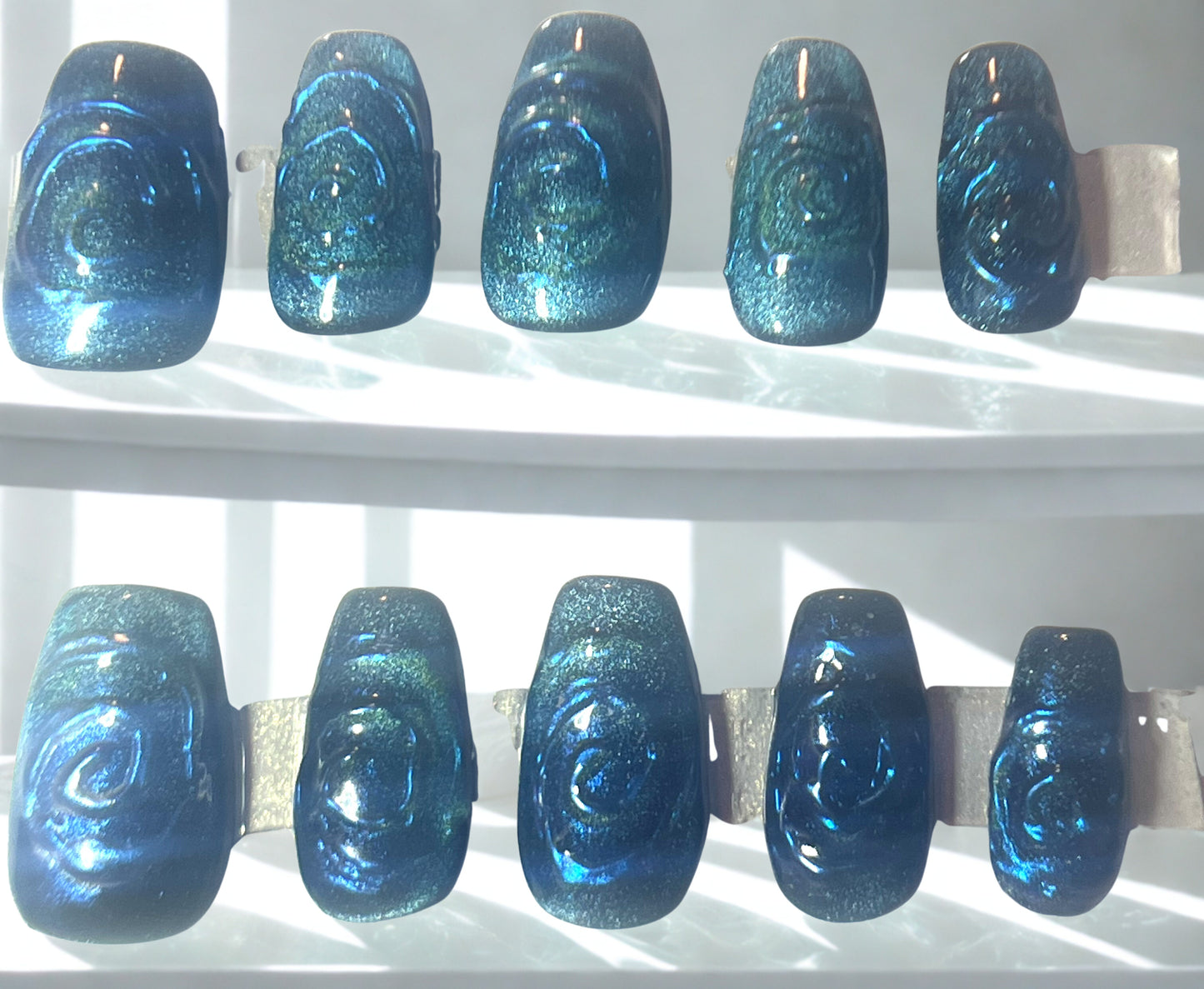 Teal Velvet Press-On Nails | 3D Chrome Swirl Cat Eye