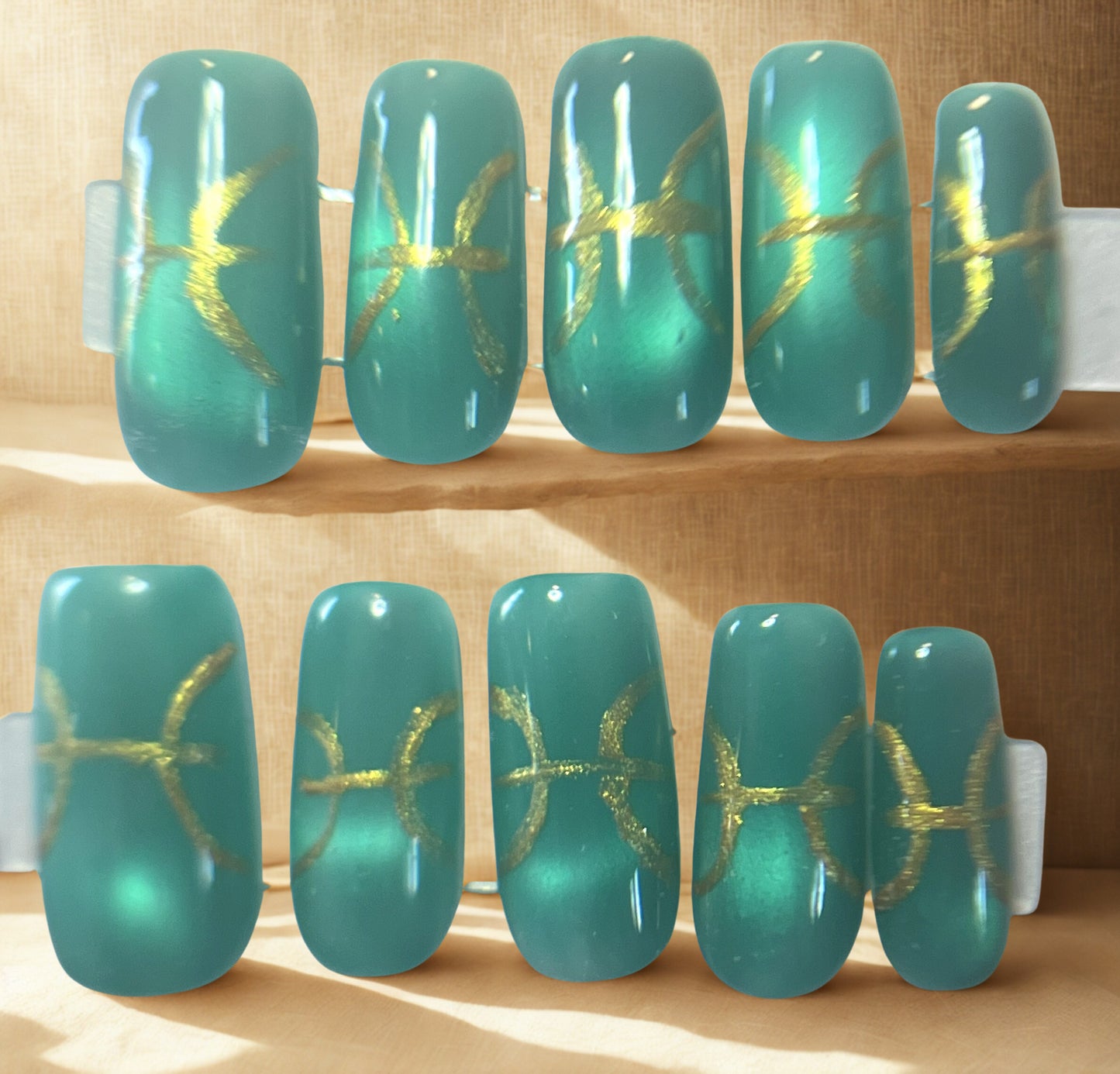 Mesmerizing Pisces Nails | Teal Jelly Cat Eye & Hand-Painted Gold