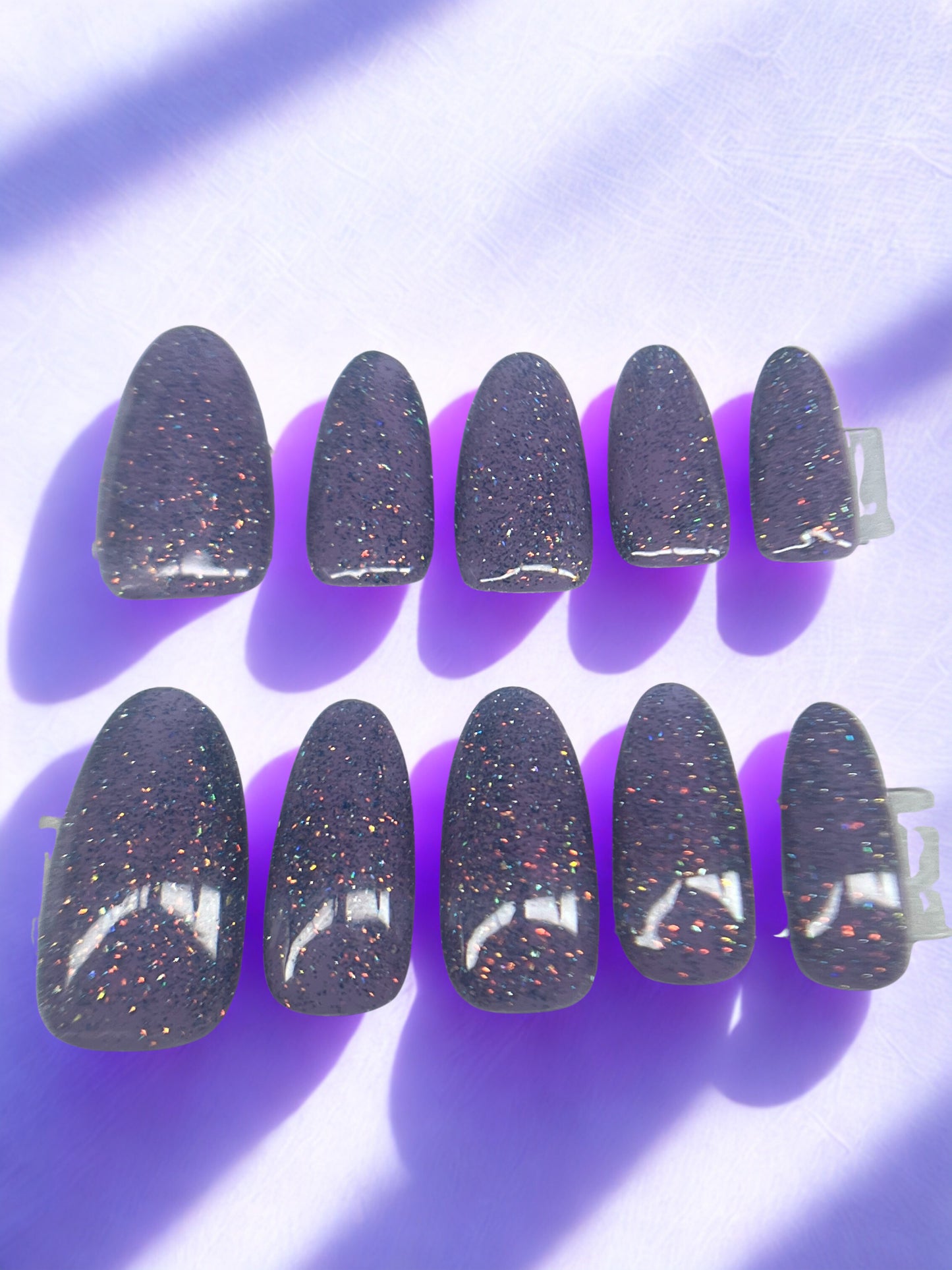 Glowing Galaxy Press On Nails | Lavender Purple Glitter Glow in the Dark Blue Tips