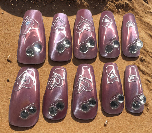 Rosewood Prism | Holographic Heart & Velvet Cat’s Eye Press-On Nails