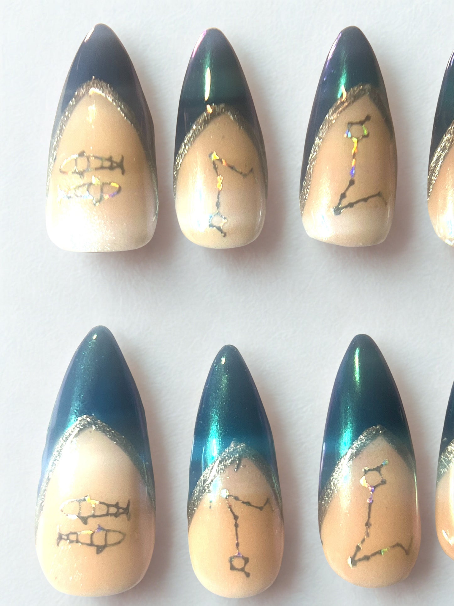 Pisces Zodiac Press-On Nails | All-Over Mermaid Chrome & Blue French