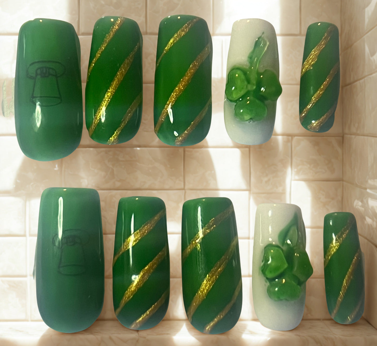 St. Patrick's Day Press-On Nails | Emerald Jelly & 3D Gold Shamrock