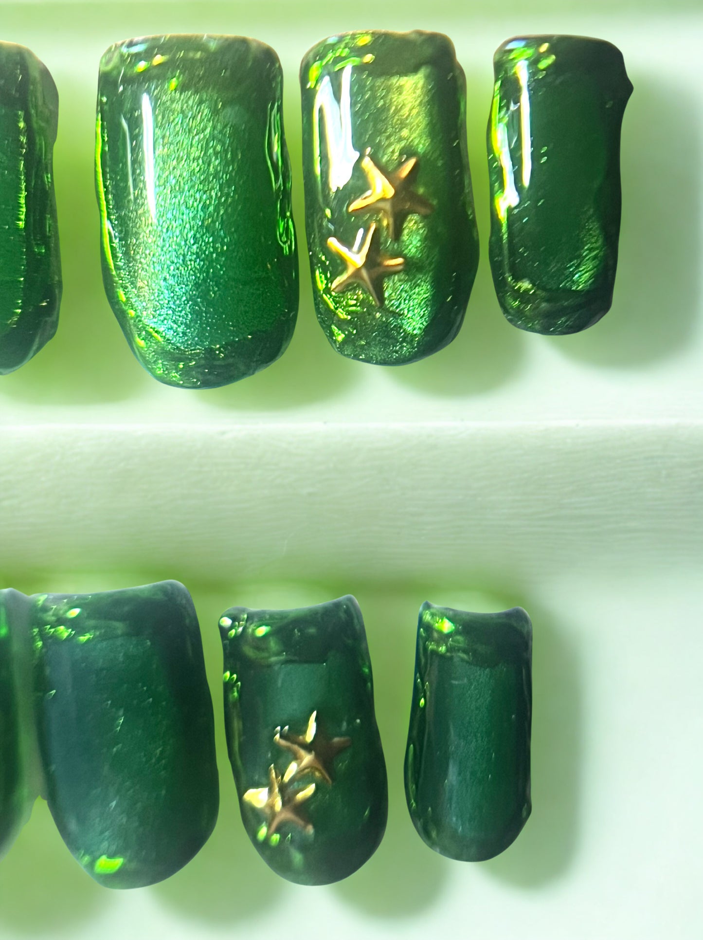 Emerald Abyss Press-On Nails | Green Jelly Cat Eye & Gold Chrome