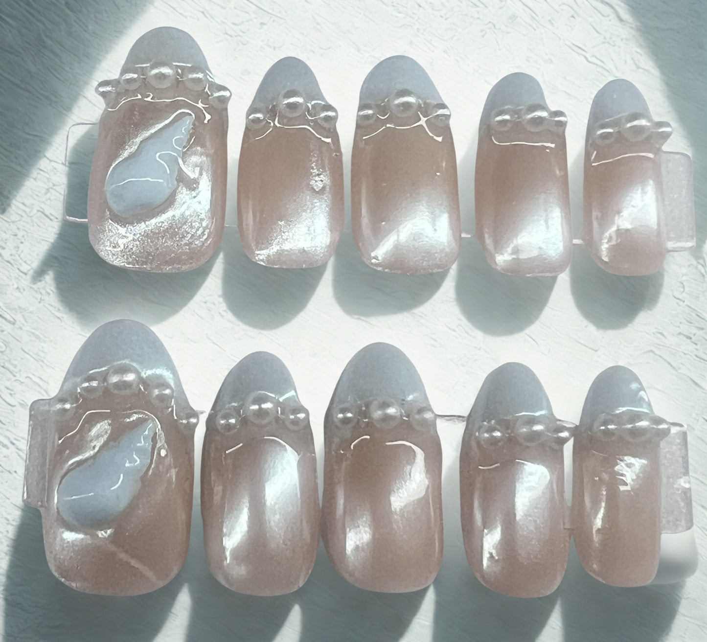 Wedding Blue French Tip Press-On Nails |Mermaid Chrome Pearls | Just Say I Do