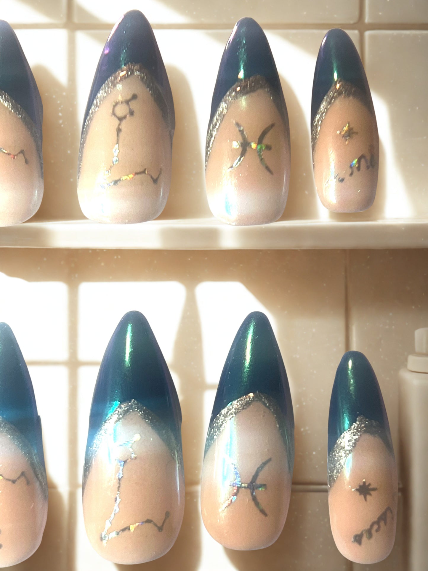 Pisces Zodiac Press-On Nails | All-Over Mermaid Chrome & Blue French