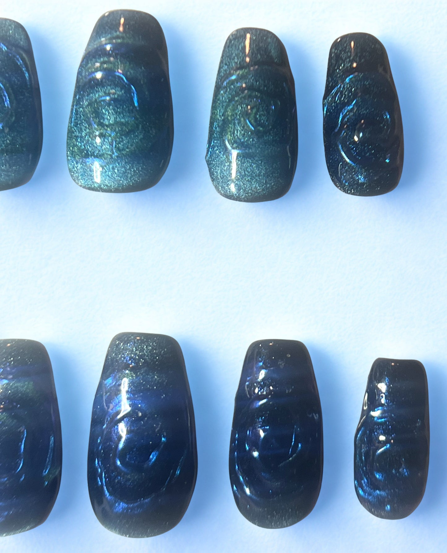 Teal Velvet Press-On Nails | 3D Chrome Swirl Cat Eye