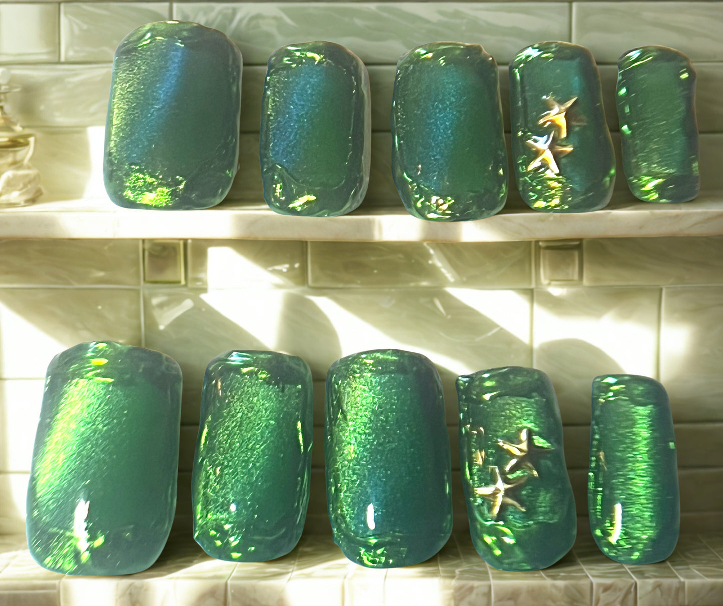 Emerald Abyss Press-On Nails | Green Jelly Cat Eye & Gold Chrome