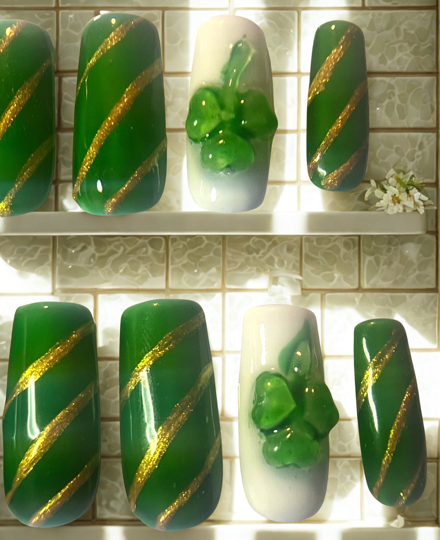 St. Patrick's Day Press-On Nails | Emerald Jelly & 3D Gold Shamrock