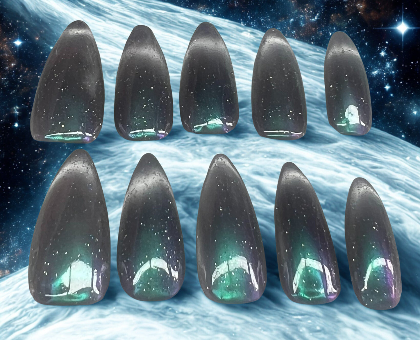 Galactic Glimpse Nails | Glass Cat-Eye Smile Line & Chrome Gradient