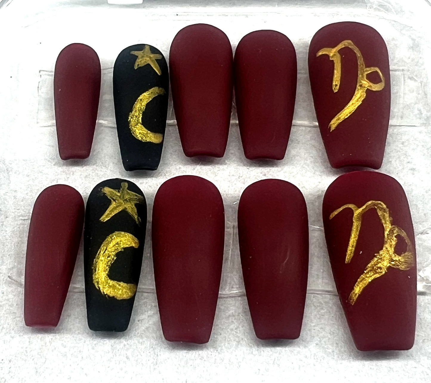 Capricorn at Midnight Nails | Deep Red & Matte Black Accent Set