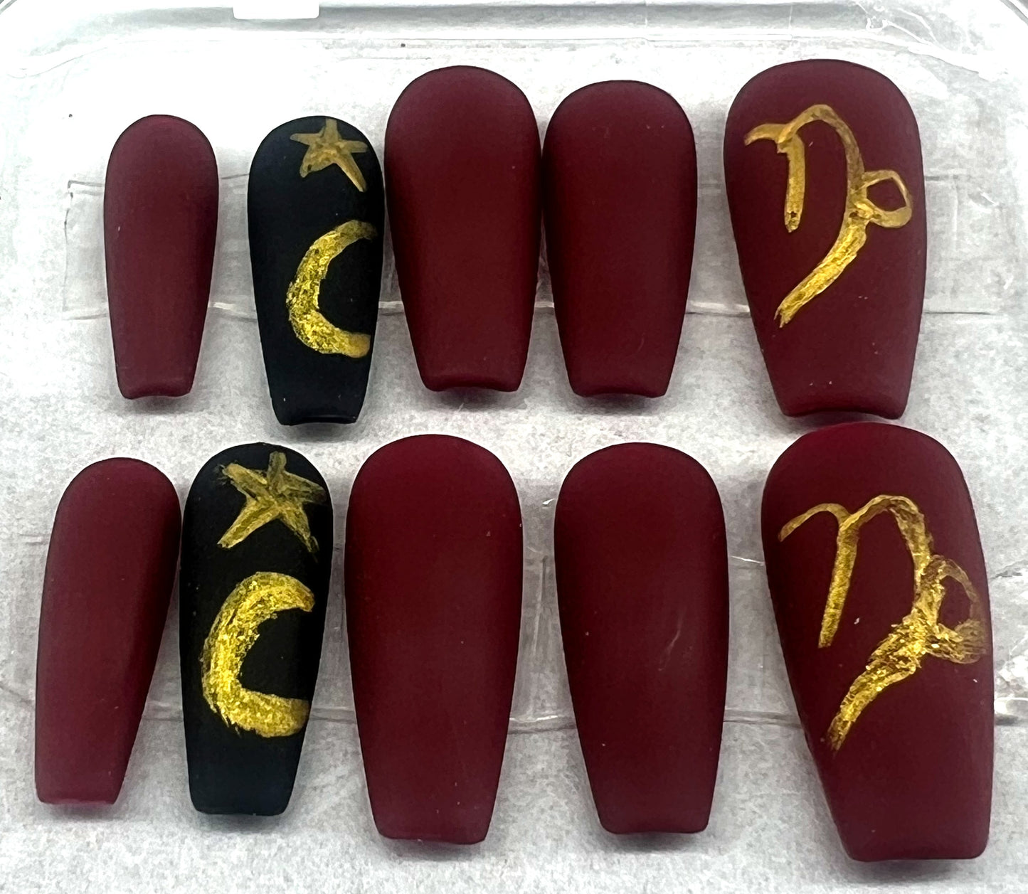 Capricorn at Midnight Nails | Deep Red & Matte Black Accent Set