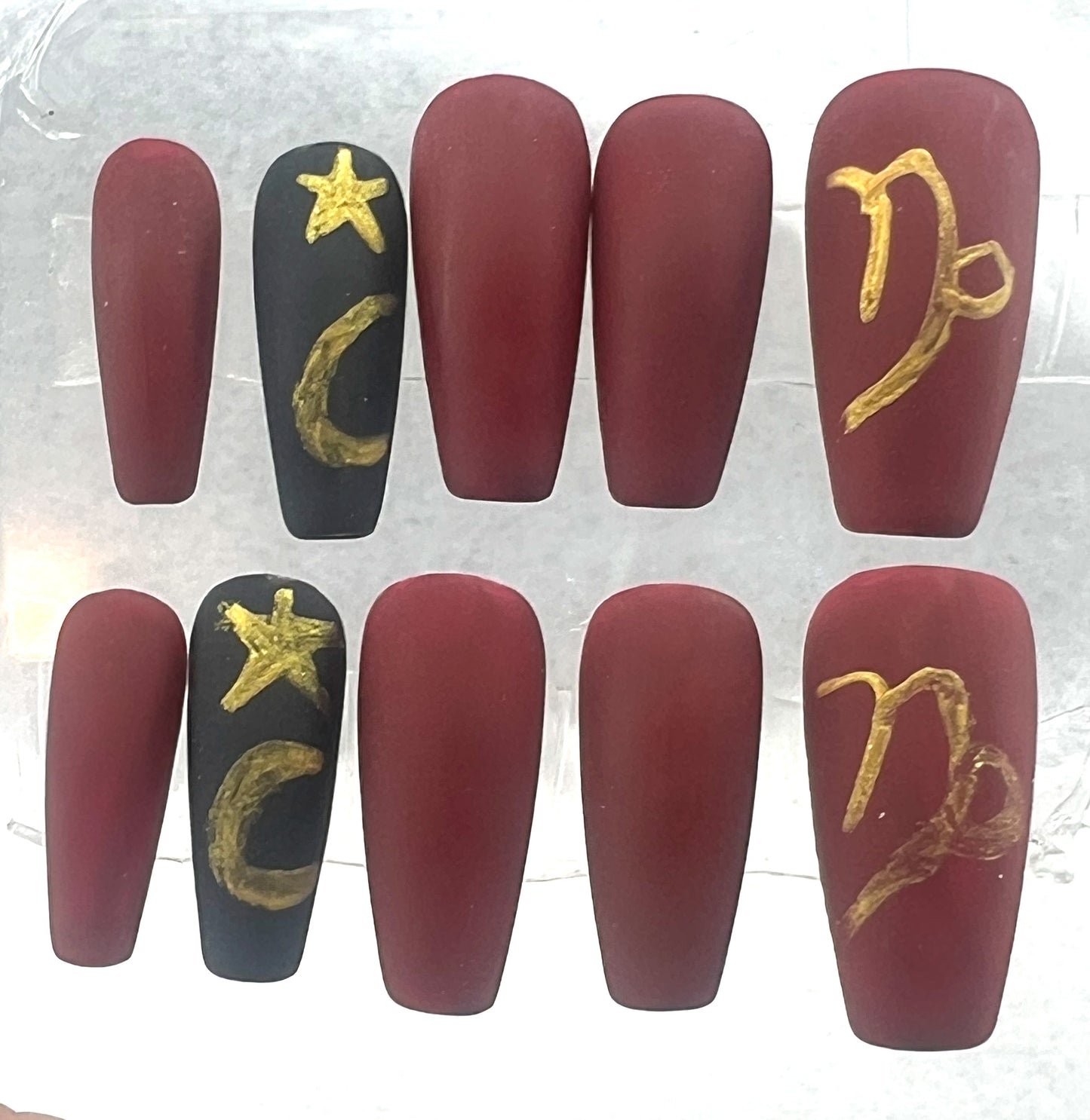 Capricorn at Midnight Nails | Deep Red & Matte Black Accent Set