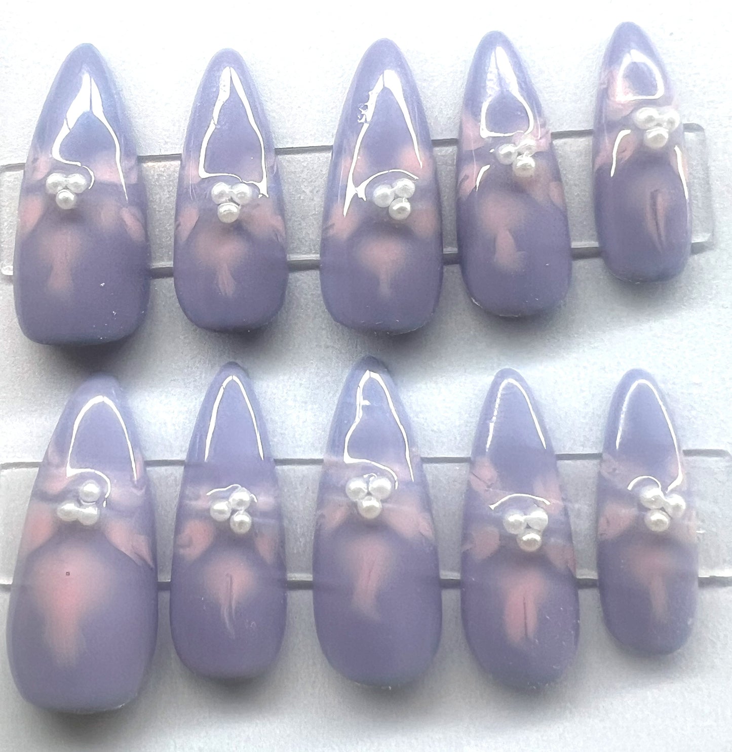 Lavender Pink Blooming Flower Press-On Nails | Pearls & Hidden Blue Glitter Underside | Celestial Flora
