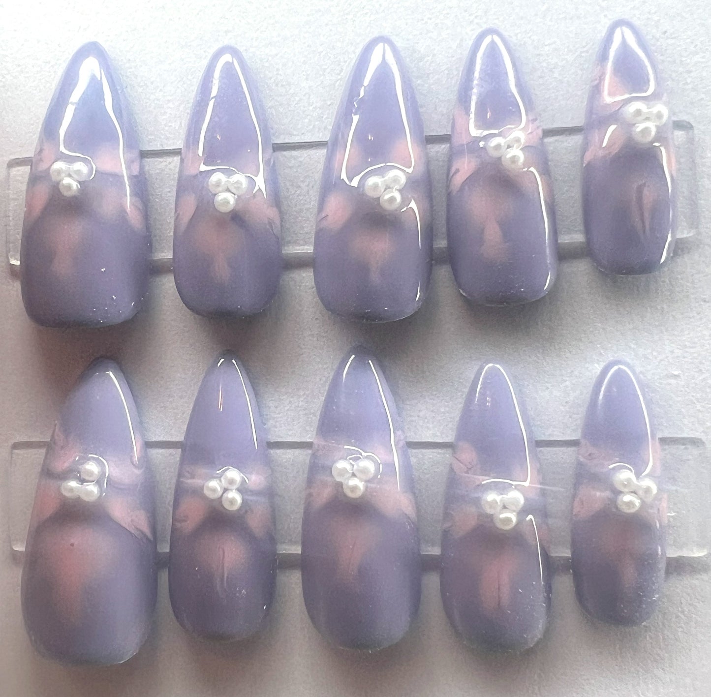 Lavender Pink Blooming Flower Press-On Nails | Pearls & Hidden Blue Glitter Underside | Celestial Flora