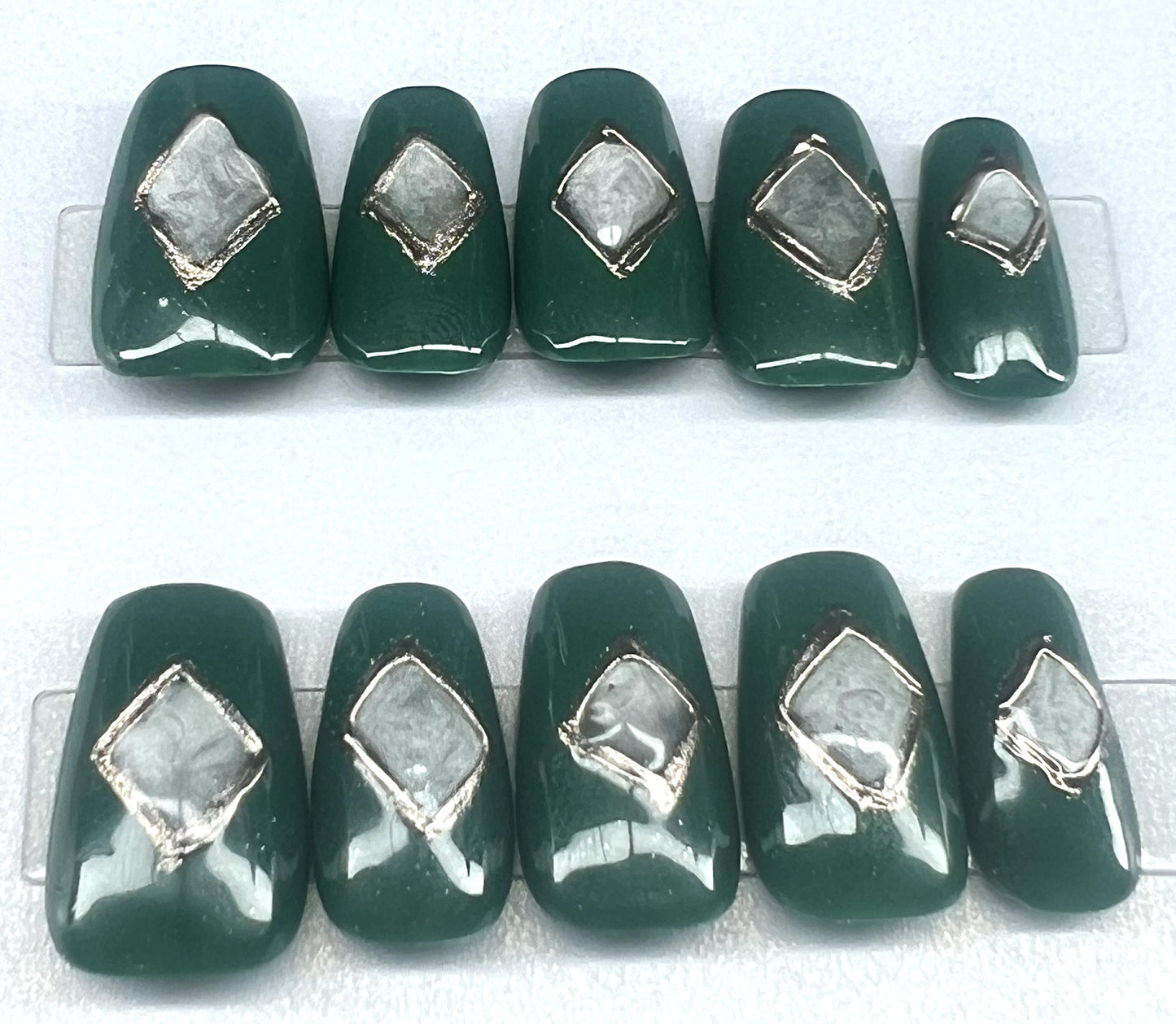 Deep Emerald Green Press-On Nails | Copper Chrome Diamond | Velvet Glass Cat Eye | Astral Prism