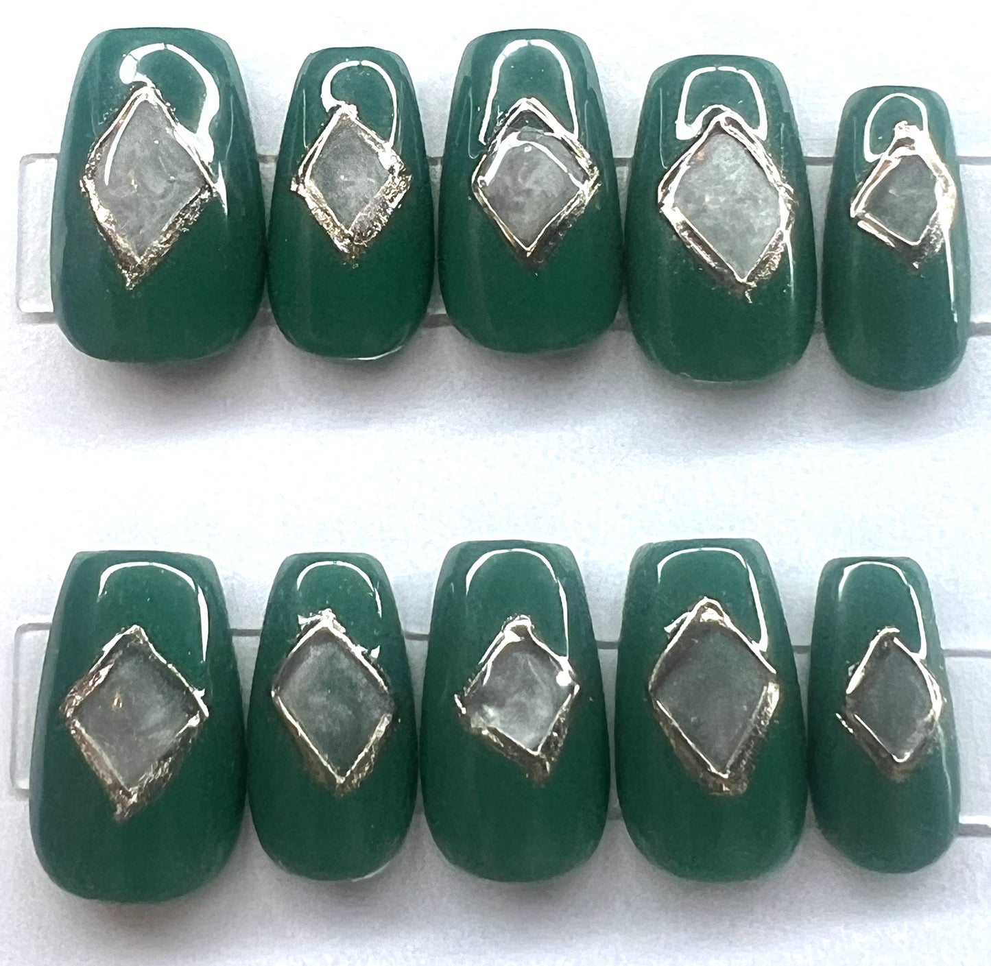Deep Emerald Green Press-On Nails | Copper Chrome Diamond | Velvet Glass Cat Eye | Astral Prism