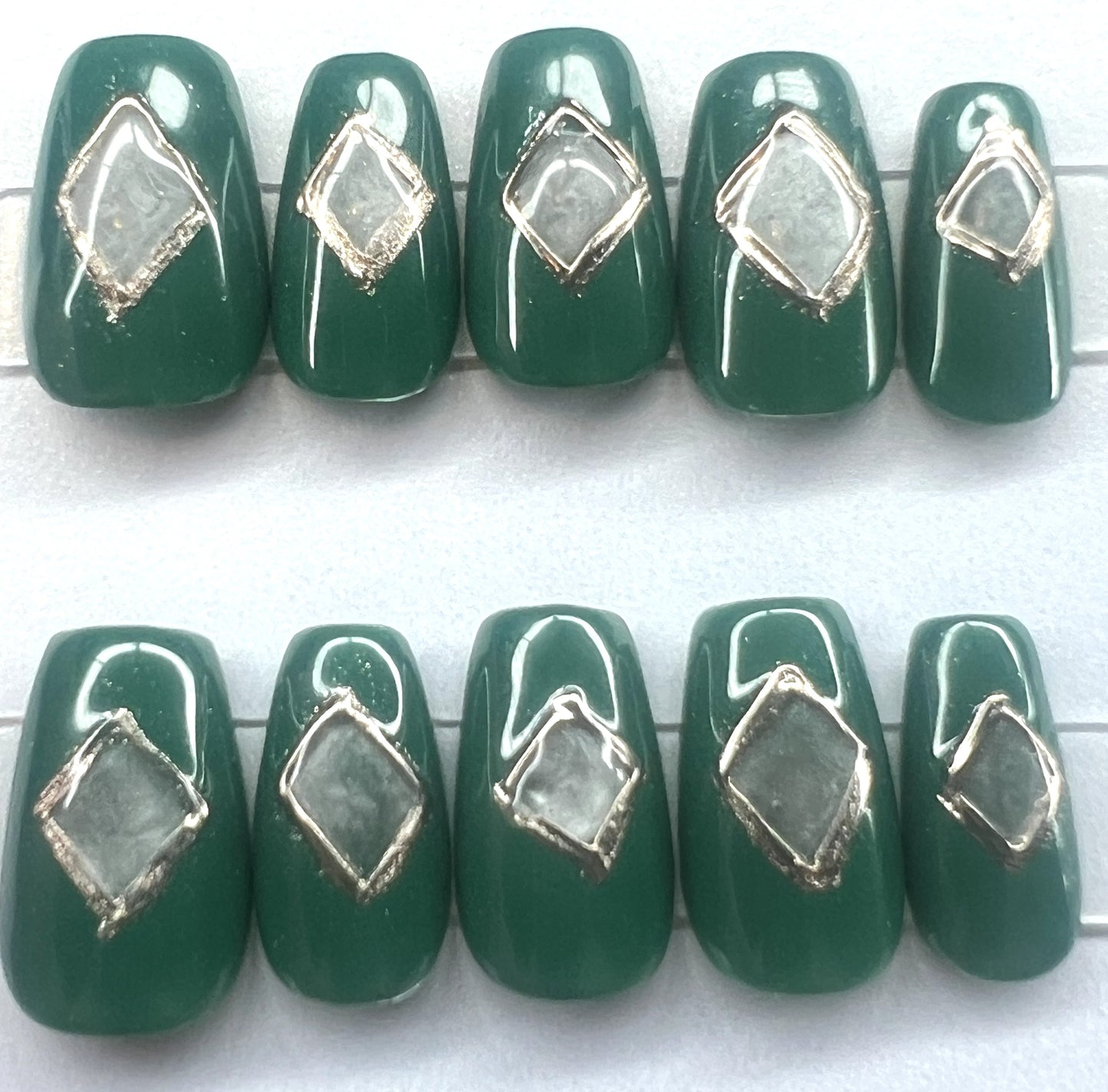 Deep Emerald Green Press-On Nails | Copper Chrome Diamond | Velvet Glass Cat Eye | Astral Prism