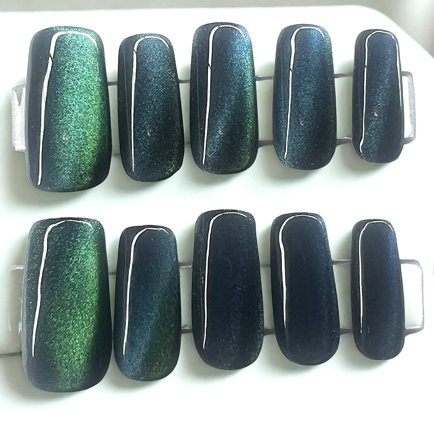 Deep Obsidian Black Green Blue Magnetic Cat Eye Press-Ons Reusable | Cosmic Current