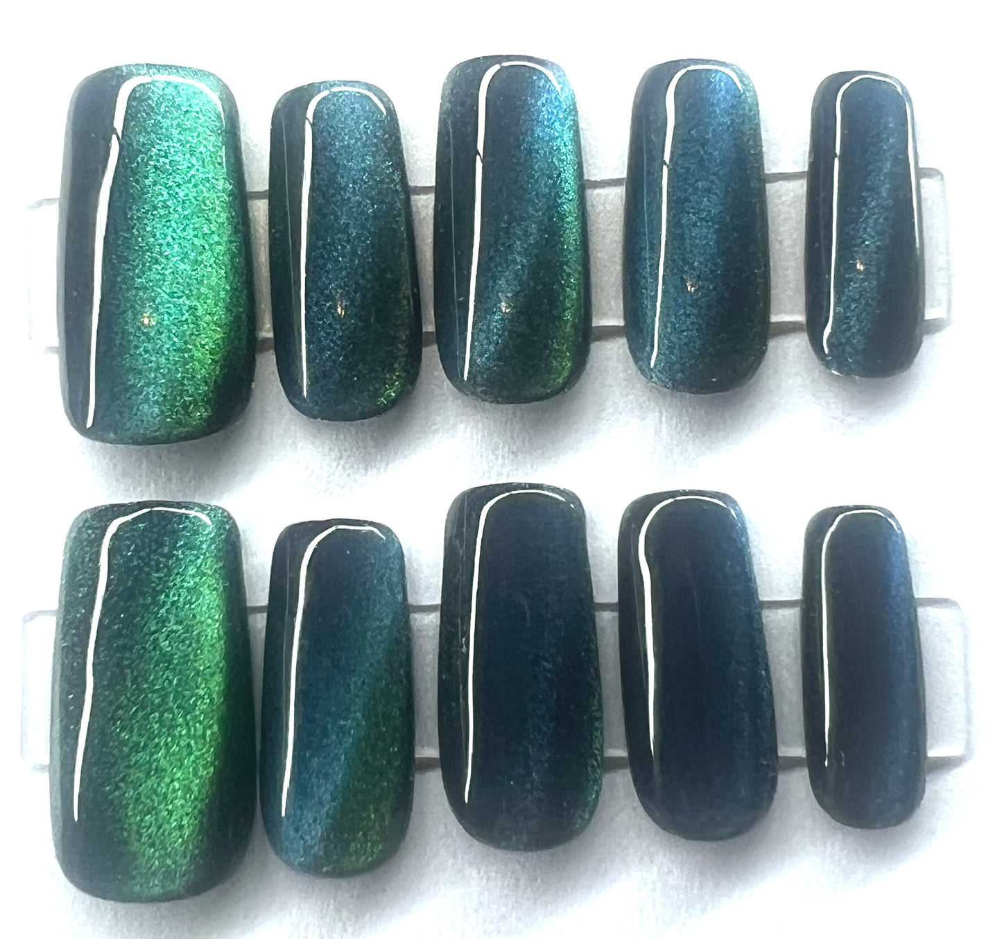 Deep Obsidian Black Green Blue Magnetic Cat Eye Press-Ons Reusable | Cosmic Current