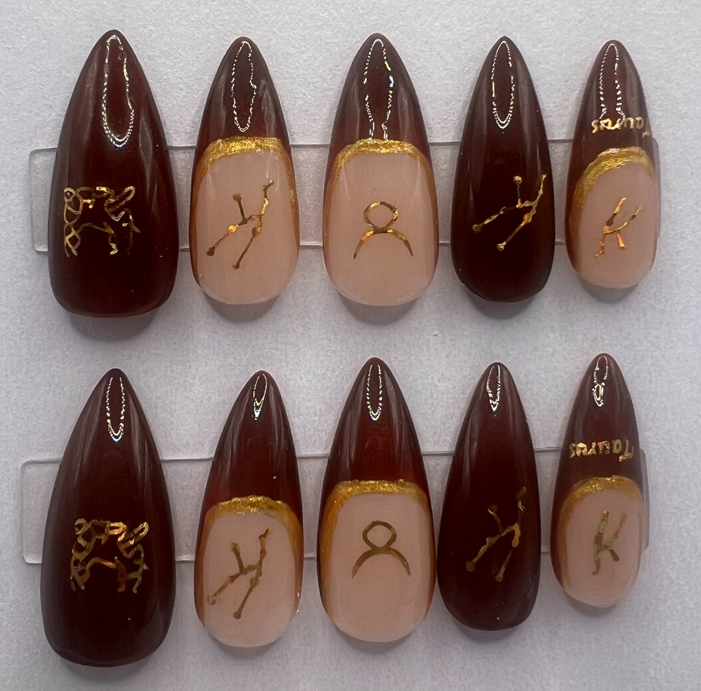 Deep Brown French Tip Gold Mismatched Nude Taurus Press-on Nails | Earthbound Taurus
