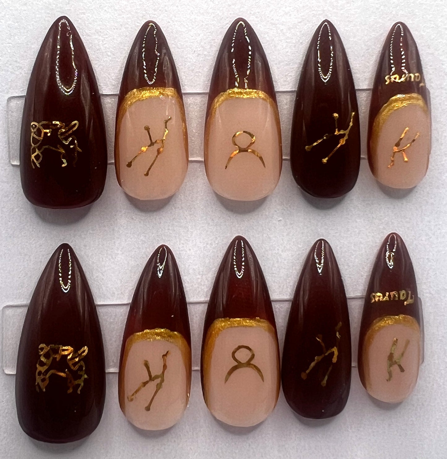 Deep Brown French Tip Gold Mismatched Nude Taurus Press-on Nails | Earthbound Taurus