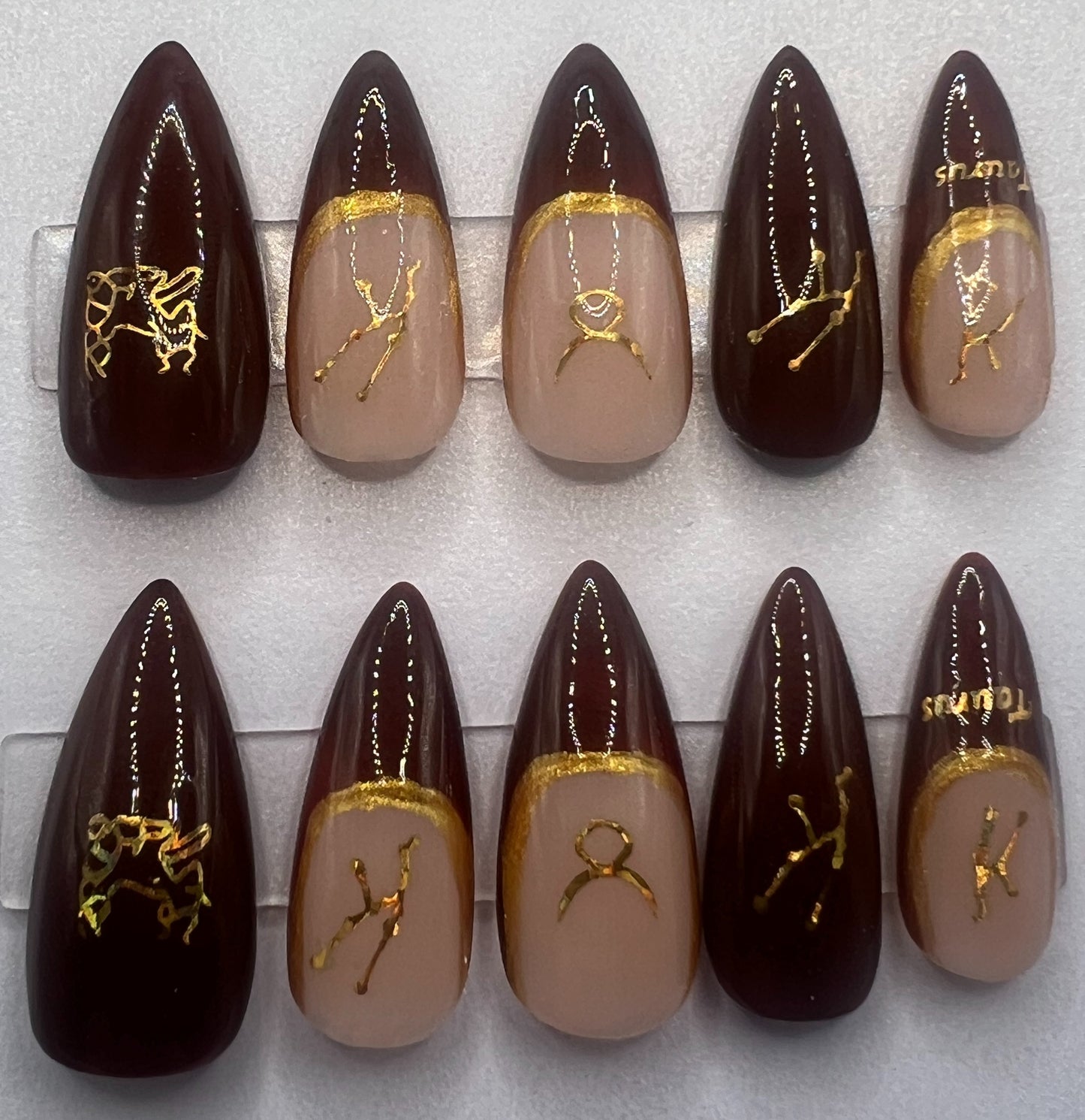 Deep Brown French Tip Gold Mismatched Nude Taurus Press-on Nails | Earthbound Taurus