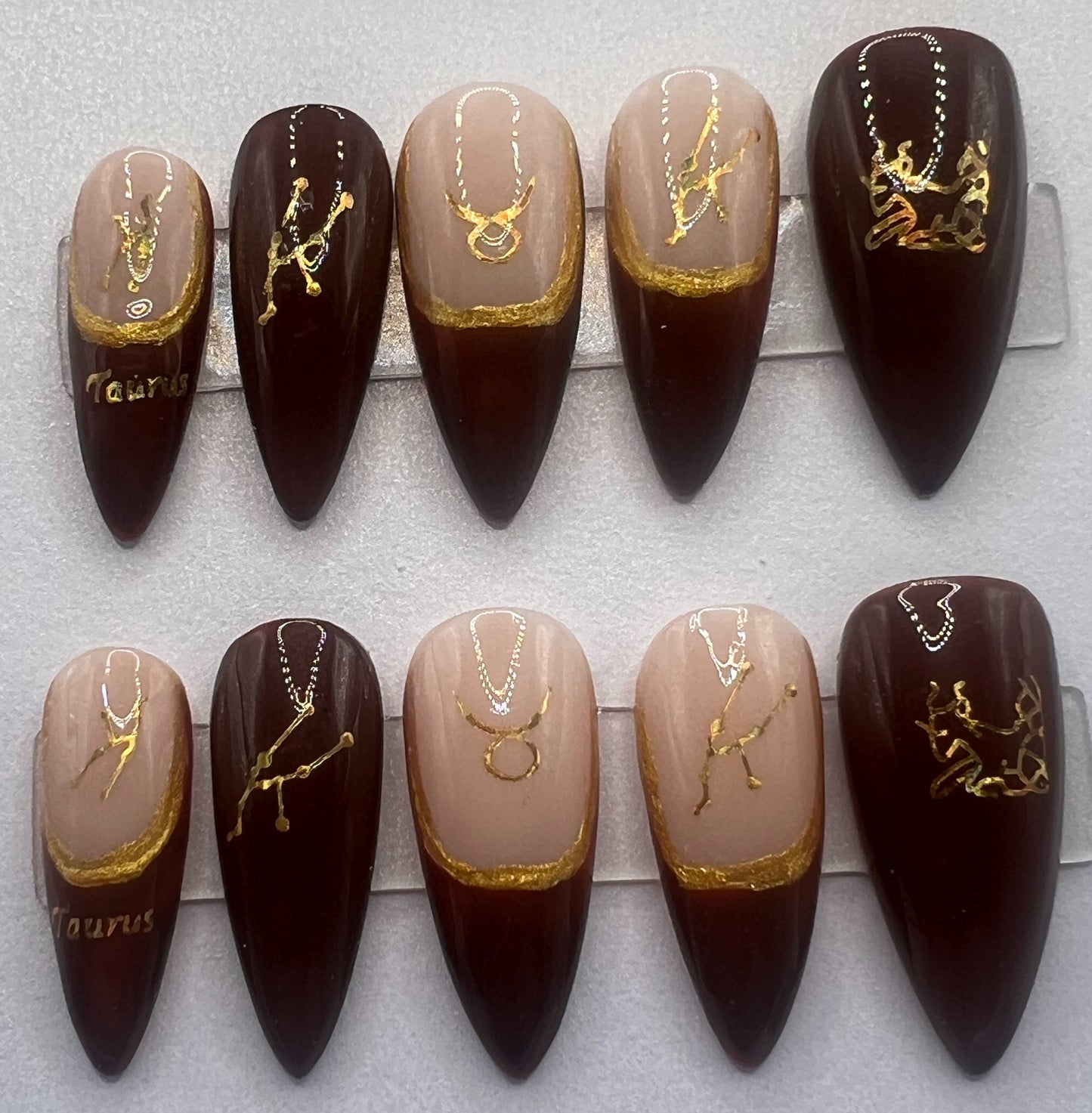Deep Brown French Tip Gold Mismatched Nude Taurus Press-on Nails | Earthbound Taurus