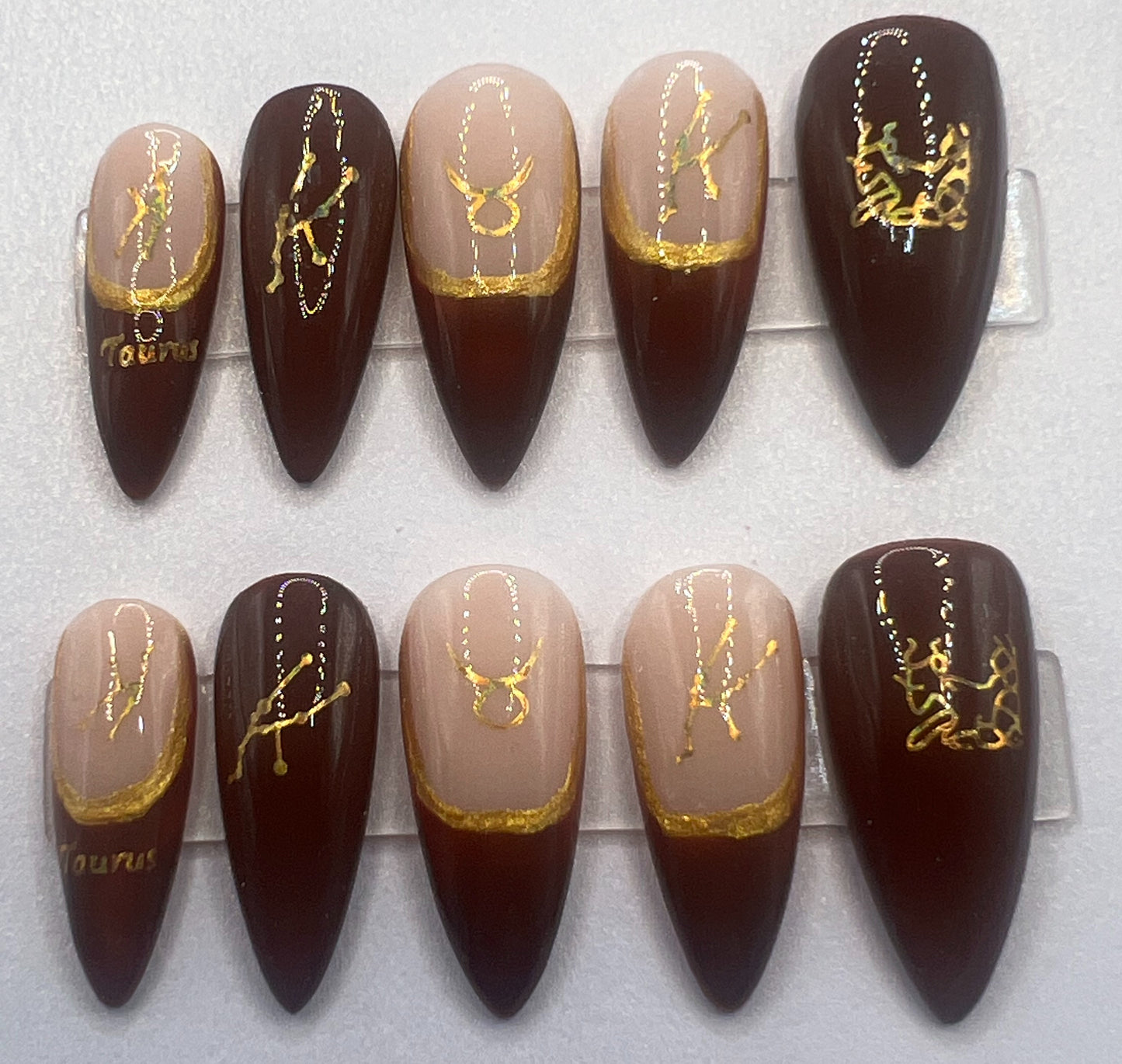 Deep Brown French Tip Gold Mismatched Nude Taurus Press-on Nails | Earthbound Taurus